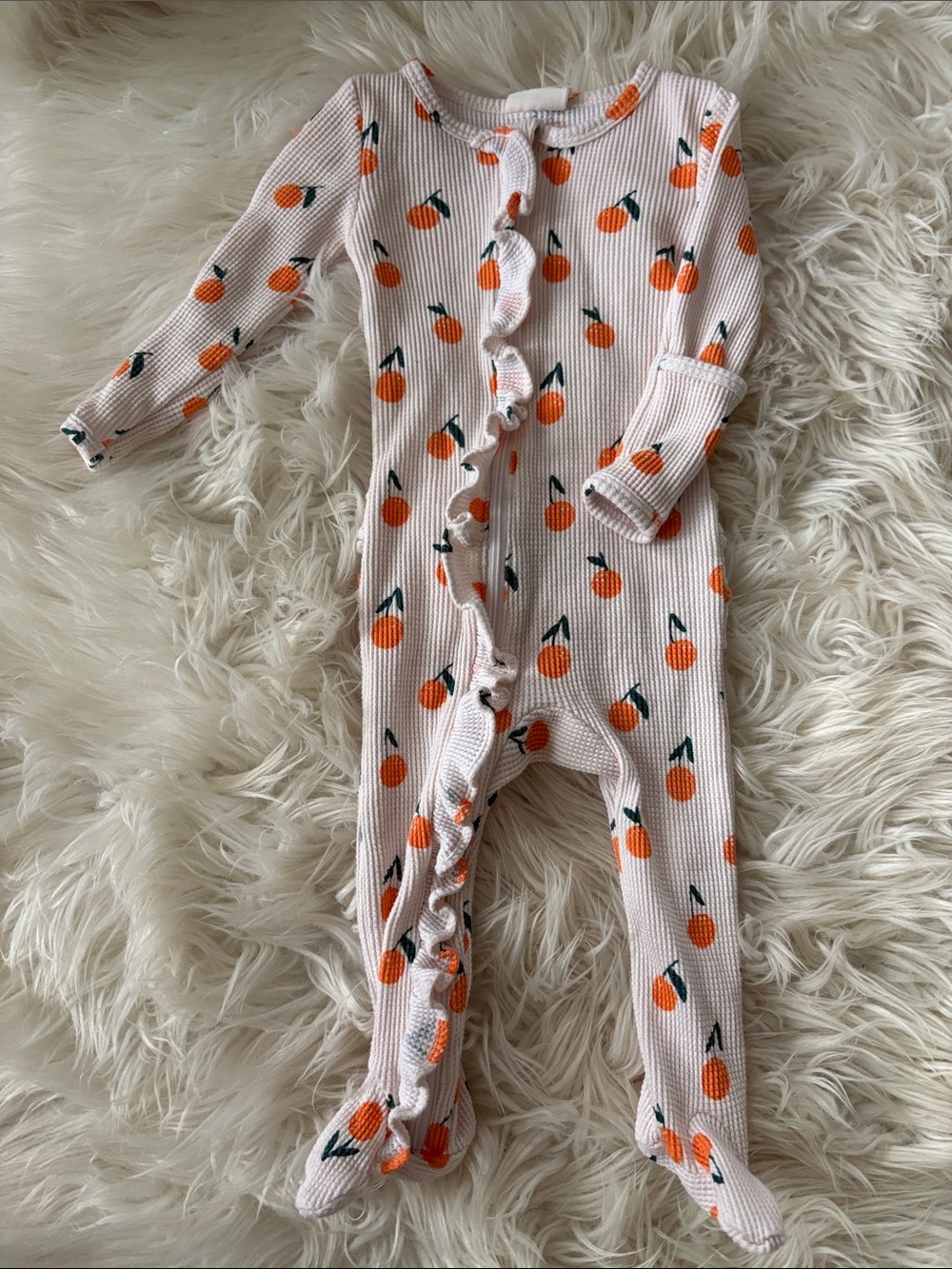 Baby Girls Peach-Print Ruffle Footed One-Piece